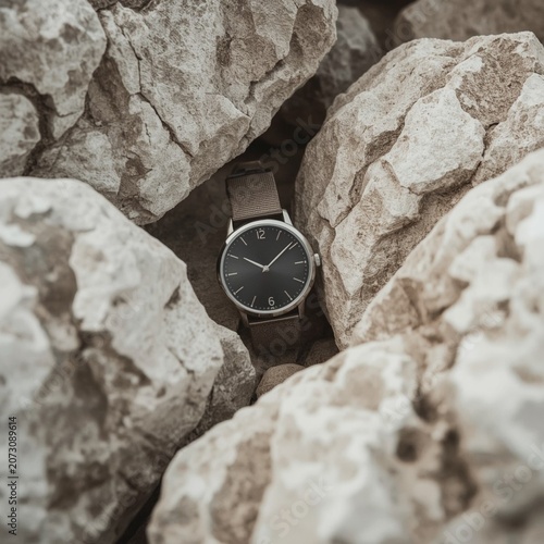Minimalist watch with brown leather strap nestled among rough white stones, luxury classic wristwatch in an organic nature background, and elegant product display.