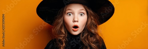 Young girl witch costume expressing surprise shock