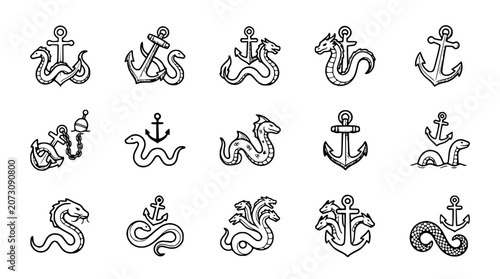 Nautical Icons: Anchors, Sea Monsters, and Snakes - Hand-Drawn Sketch Style