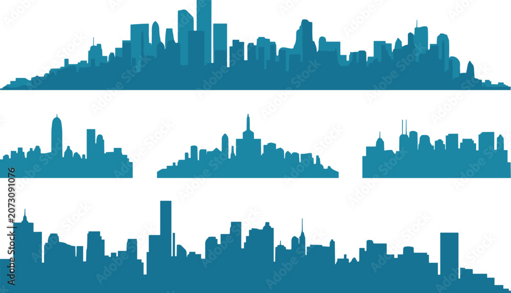 Obraz premium Teal city skyline silhouette collection featuring diverse urban architectural profiles with skyscrapers, domes, towers, and landmarks