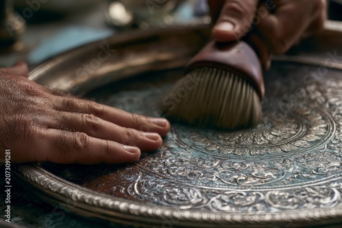 Hand polishing ornate antique silver tray with brush