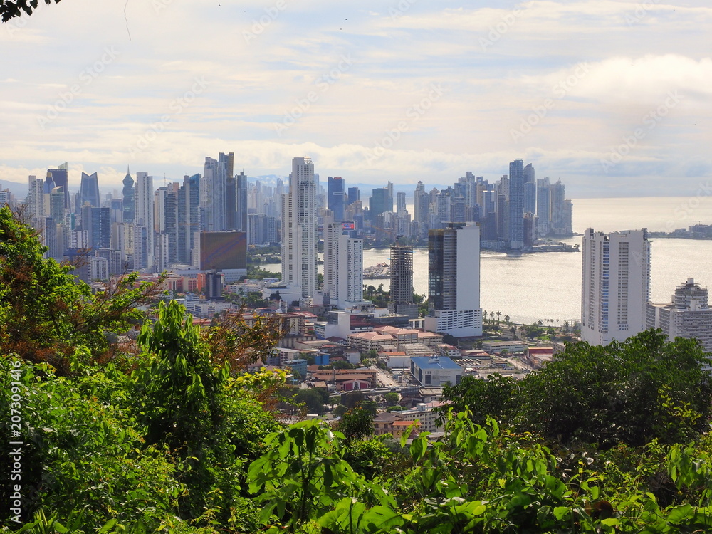 Obraz premium Panoramic Aerial View of the Modern Panama City Skyline Framed by Lush Greenery from Ancon Hill
