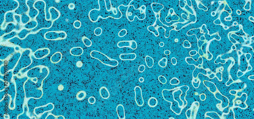 Abstract blue background with organic microscopic shapes and liquid cellular patterns. Textured turquoise graphic texture for design.