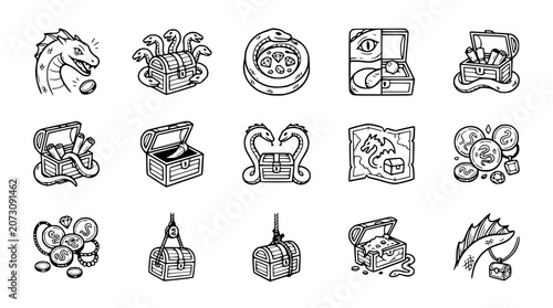 Tableau sur toile Fantasy Treasure Chests and Dragon Icons Set