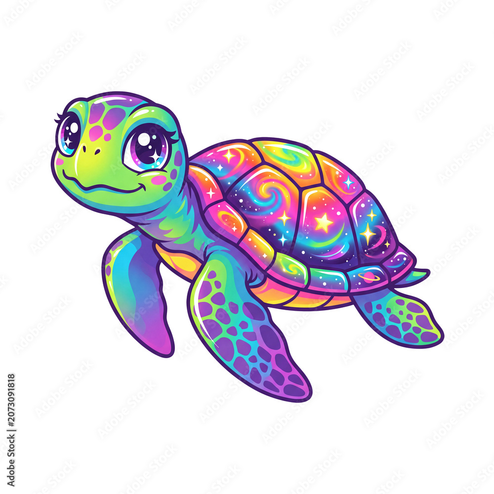 Fototapeta premium Cute neon rainbow colored sea turtle illustration, isolated on white background