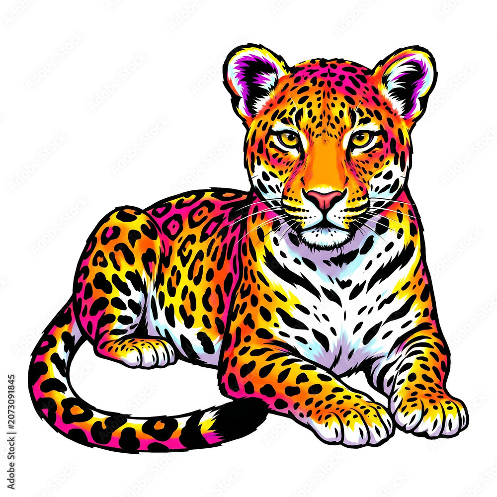 Obraz premium Cute neon rainbow colored leopard cub illustration, isolated on white background