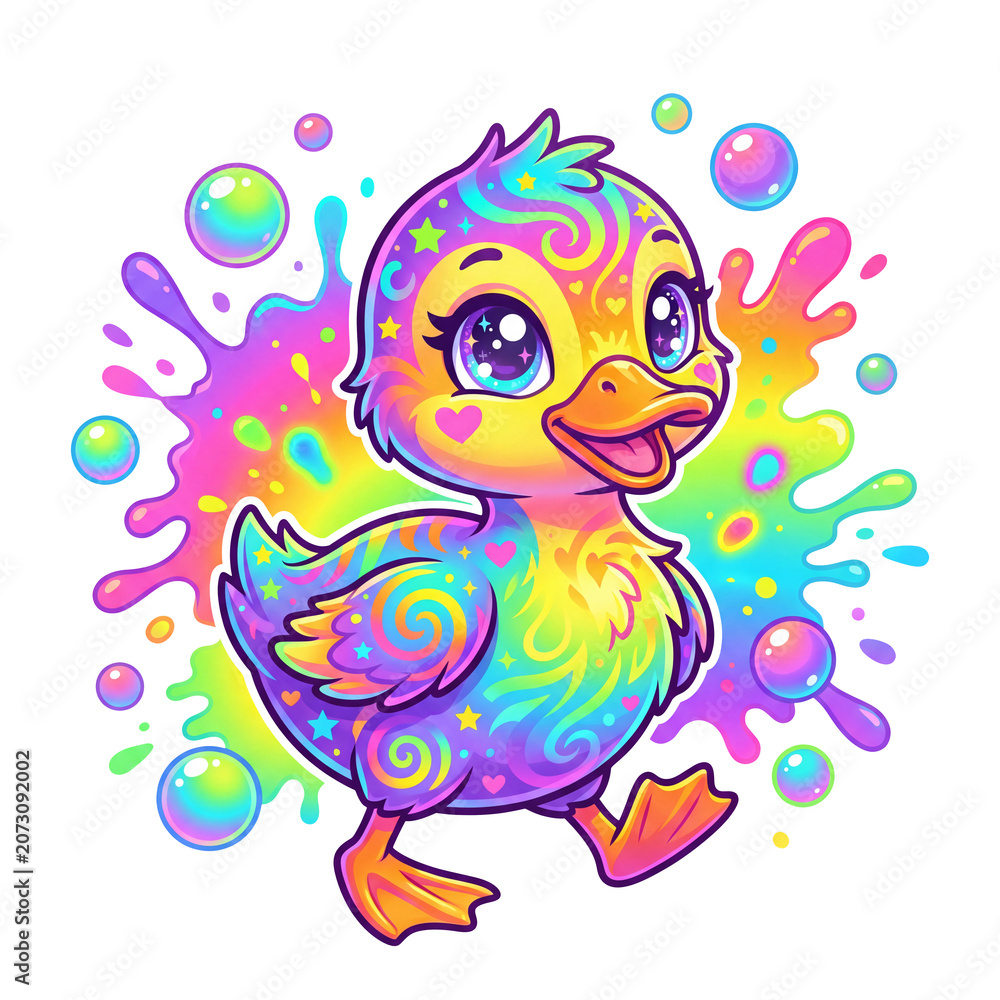 Fototapeta premium Cute neon rainbow colored duckling with paint splashes illustration