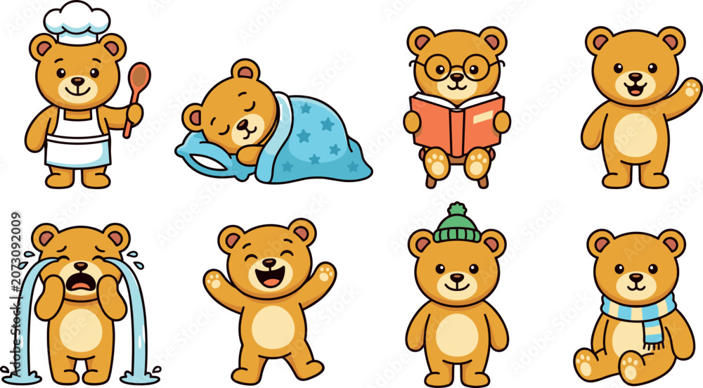 Obraz premium Cute cartoon teddy bear character set with various daily activities isolated on white background