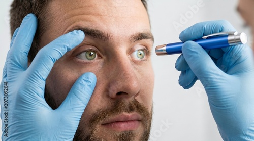 Optometrist examining mans green eye with a blue penlight