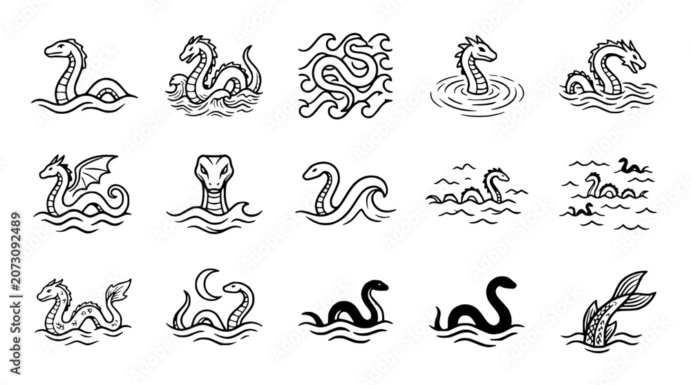 Fototapeta premium Mythical Creatures Collection: Loch Ness Monster, Dragons, Sea Serpents in Water