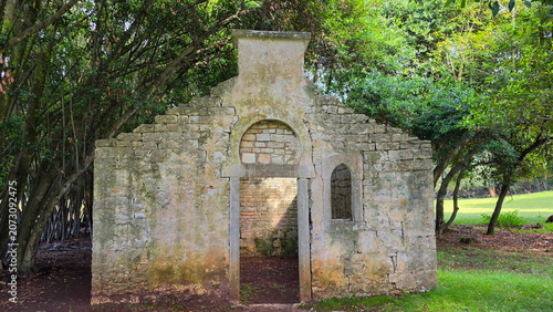 Old Stone Ruin in Lush Green Forest Setting