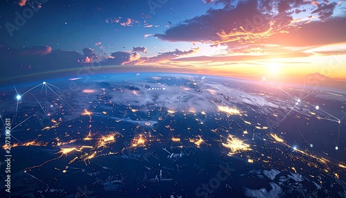 Earth from space at night with city lights.