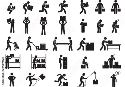Manual handling stick figure icons, warehouse worker lifting and carrying boxes vector set, ergonomics and safety at work pictograms