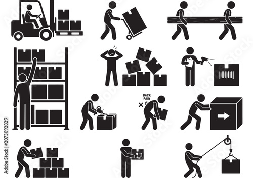 Warehouse logistics stick figure icons, industrial worker silhouettes handling boxes and cargo, 12 logistics vector elements for shipping and storage