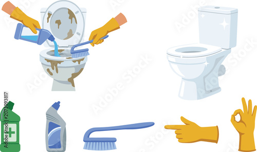 Quadro su tela Toilet Cleaning and Bathroom Housekeeping Vector Icon Set Featuring Dirty and Sh
