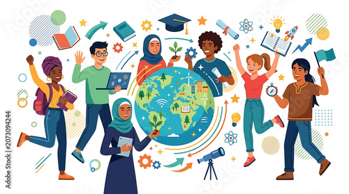 Successful people celebrating achievement and growth on a vibrant career path with awards and opportunities