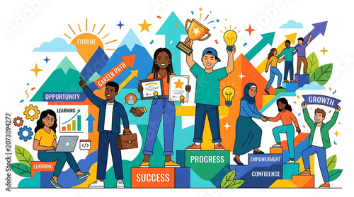 Diverse Group of Professionals Celebrating Career Development Success and Professional Growth Achievements in a Modern Workplace Setting