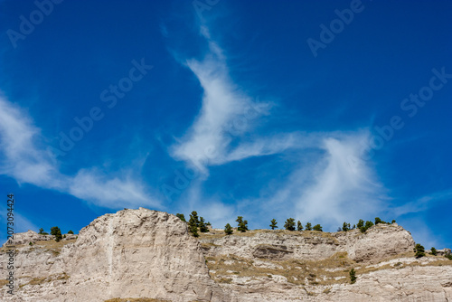 Scotts Bluff National Monument Under Blue Sky with White Clouds