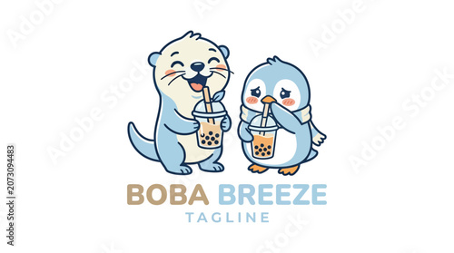 Cute otter and penguin drinking bubble tea mascot logo.
