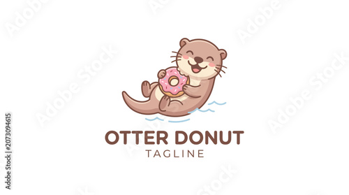 Cute otter mascot floating while holding a pink donut.