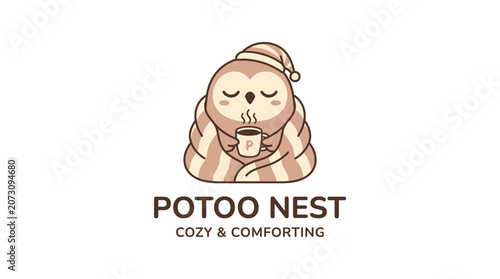 Cute owl like bird wrapped in blanket drinking hot beverage.