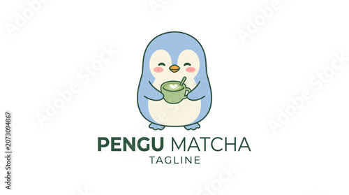 Cute penguin holding matcha tea bowl mascot logo