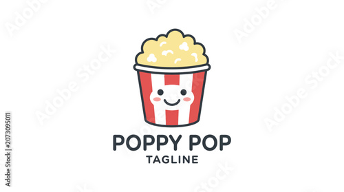 Cute popcorn bucket mascot logo for cinema and snack bar.