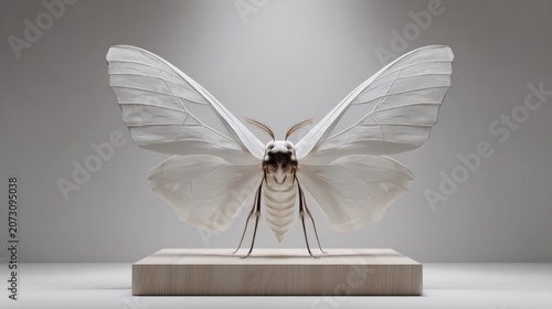 White Moth Display on Wooden Base Under Soft Spotlight