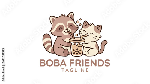 Cute raccoon and cat sharing a boba milk tea.