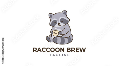 Cute raccoon holding a coffee mug cartoon logo.