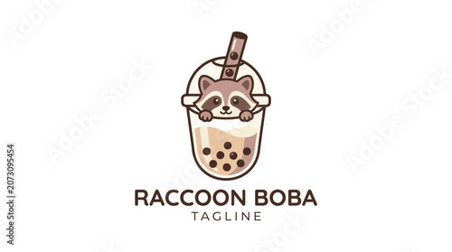 Cute raccoon mascot peeking from a boba tea cup.