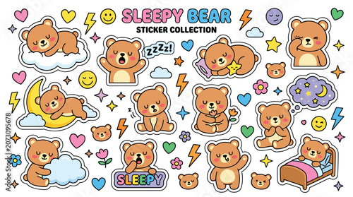 Cute sleepy bear character sticker sheet collection