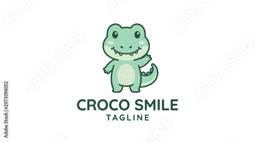Cute standing crocodile mascot logo waving its hand.