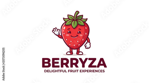 Cute strawberry mascot character logo for a fruit brand.