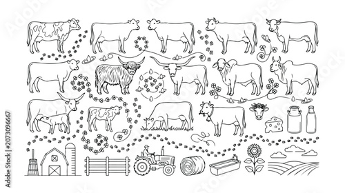 Foto Cattle breeds vector collection, farm animals and agricultural elements, livestock farming illustration set, dairy and beef cattle icons for ranch and rural design
