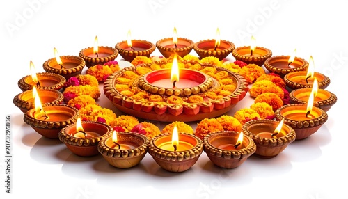 A circular arrangement of lit clay lamps with intricate designs on a white background