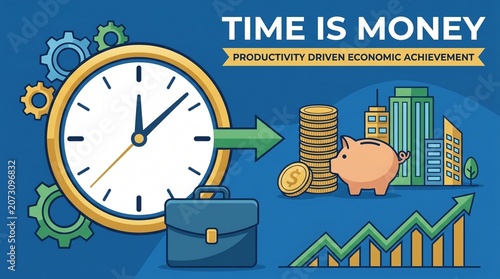 Time is Money Business Illustration Featuring Clock and Savings Assets Representing Productivity Driven Economic Achievement
