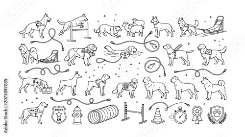 Photos Dog training and agility vector icon set, hand-drawn canine obedience illustrations, pet care and animal sport graphics, black and white line art collection for veterinary and pet services