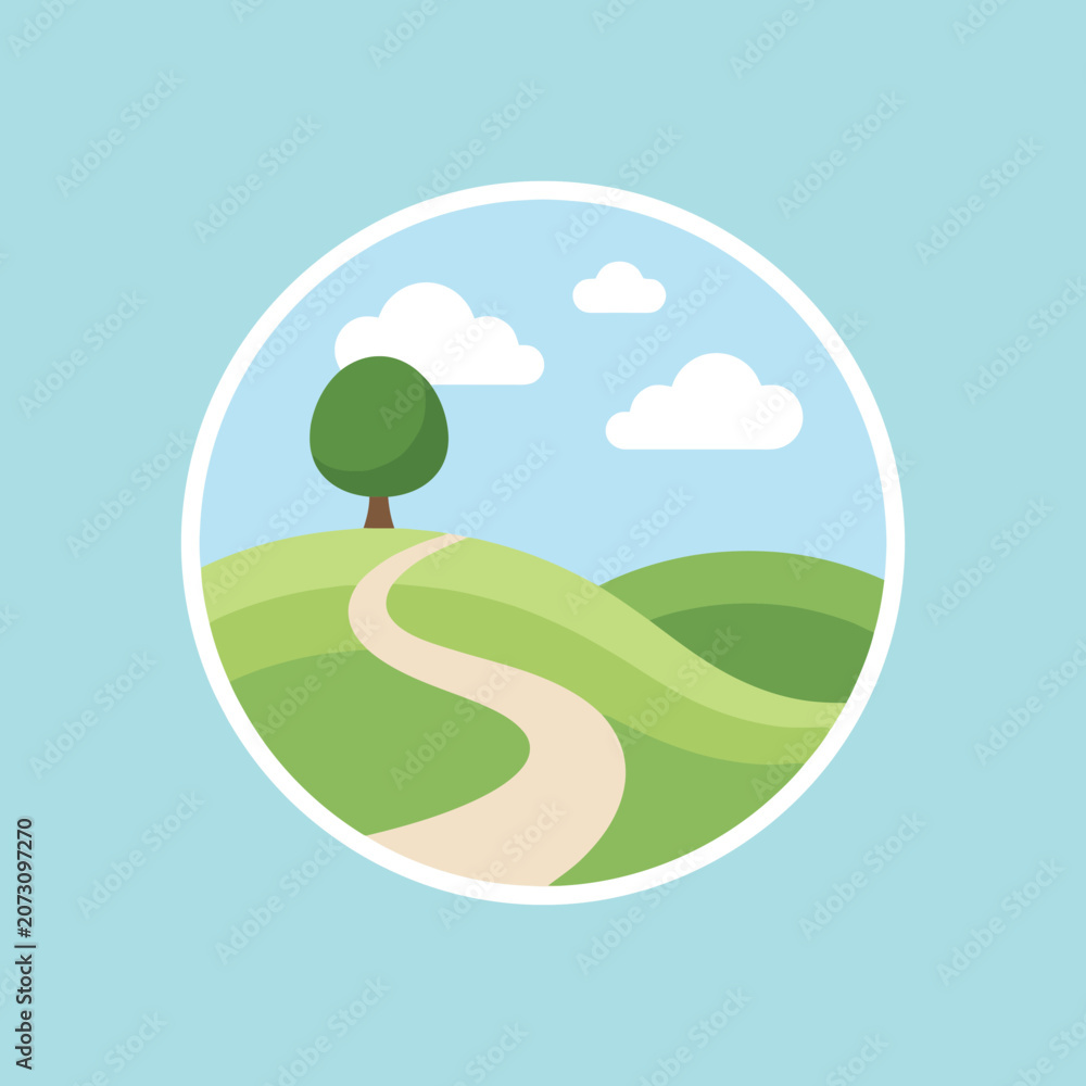Fototapeta premium A simple flat illustration of green hills and a tree