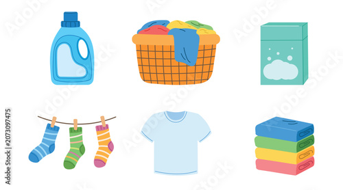 Laundry Vector Set with Detergent Bottle, Laundry Basket, Washing Powder, Socks, T Shirt and Folded Clothes Vector Illustration