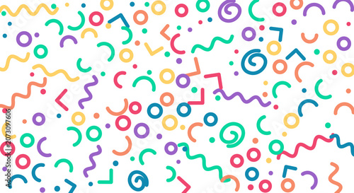 Playful arrangement of confetti and geometric shapes on a transparent canvas for graphic design.
