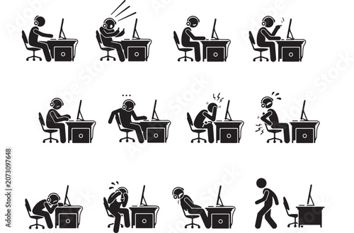 Call center worker stick figure icons, customer support agent stress and burnout vector set, office employee working at computer desk with headset