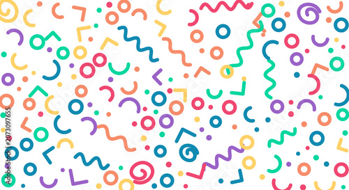 Trendy memphis style background pattern with colorful geometric shapes and squiggly lines on transparent.