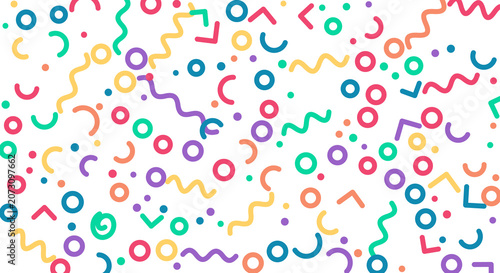 Bright memphis pattern with colorful abstract geometric symbols and squiggly lines on transparent background.