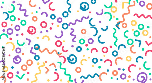 Colorful memphis design pattern with abstract geometric figures and squiggly lines on transparent background.