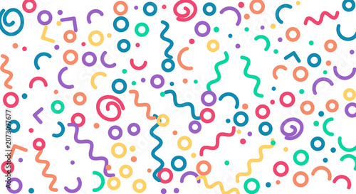 Colorful confetti and streamers scattered on transparent background, abstract celebration pattern.
