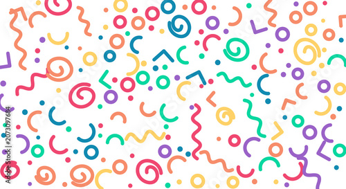 Retro 90s memphis pattern design with colorful abstract geometric figures on transparent background.