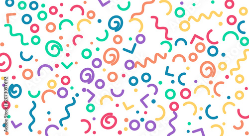 Vibrant confetti and streamers in random arrangement on a transparent checkered background.