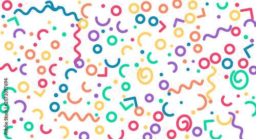 Abstract pattern of colorful party confetti and wavy streamers on transparent grid.