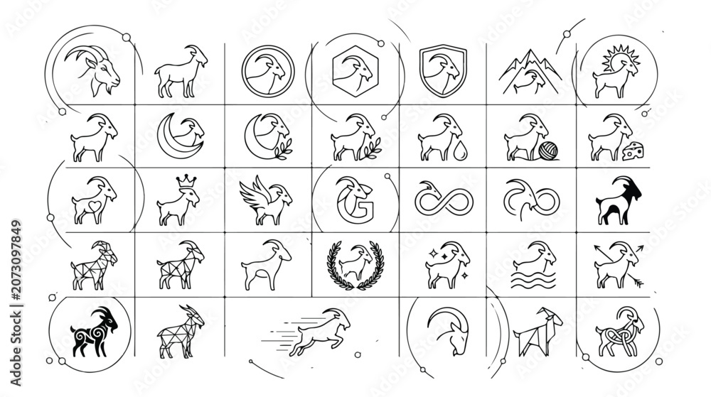 Fototapeta premium Minimalist goat icon set, 35 black and white vector goat illustrations, modern animal logo collection for branding and design projects, simple line art farm animal graphics